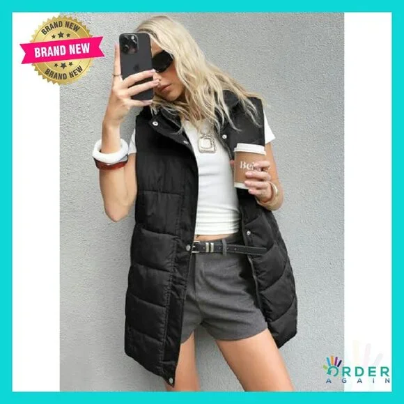Long Hooded Puffer Vest Quilted Sleeveless Jacket Minimal Chic Winter Outerwear